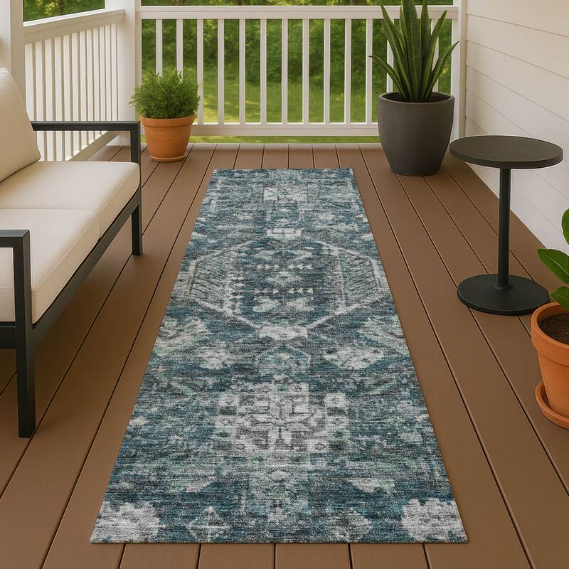 Machine Washable Indoor/ Outdoor Boho Traditional Chantille Rug - Teal - 2'3" x 7'6"