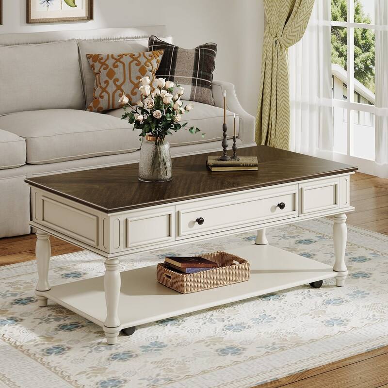 Farmhouse 47.2" Coffee Table with Drawer, Retro Design Easy Assembly and Movable Lockable Wheels for Living Room