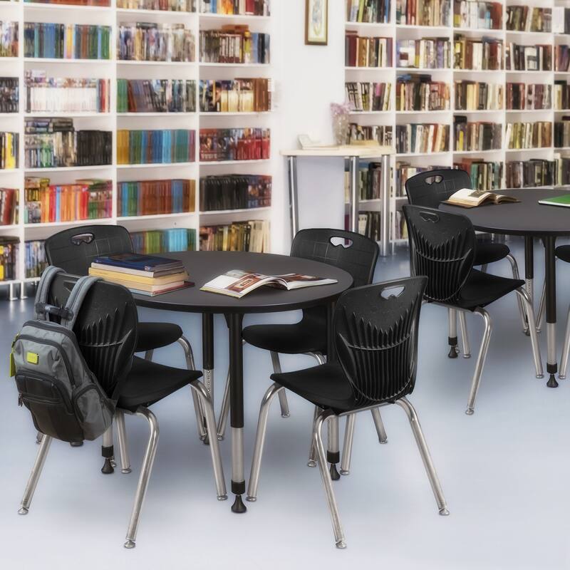 36 in. Round Height Adjustable Classroom Table - Grey & 4 18-in Stack Chairs- Black