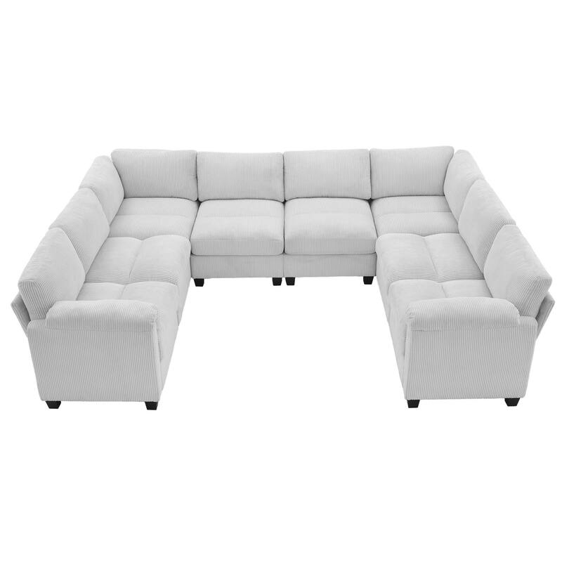 Corduroy Corner Sectional Sofas with Chaise, U-shaped Symmetrical 8-seat Modular Couch - Mist Grey