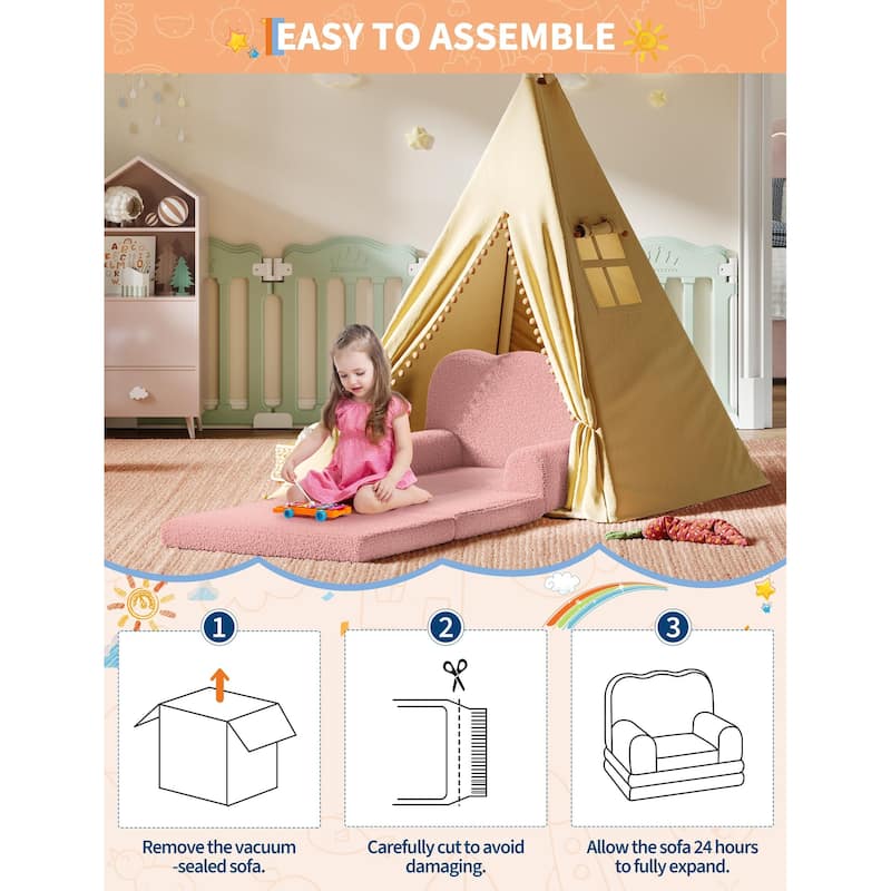 Kids Couch, 2-in-1 Convertible Teddy Fleece Fabric Toddler Sofa Chair