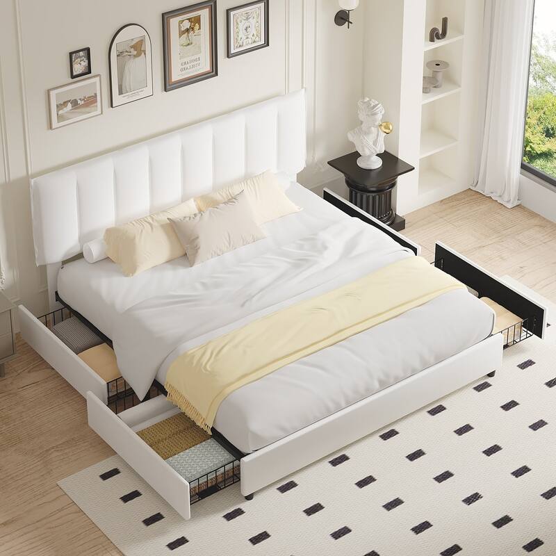 White Bed Frame with 4 Storage Drawers, Upholstered Platform Bed Frame with Adjustable Headboard