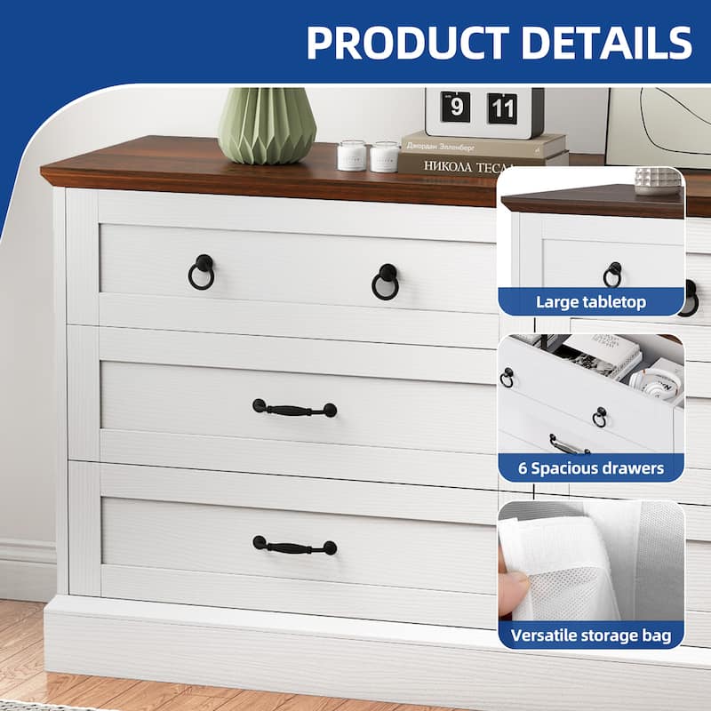 Moasis Farmhouse 59" 6 Drawer/7 Drawers Dresser Chest of Drawers Storage Organizer For Bedroom