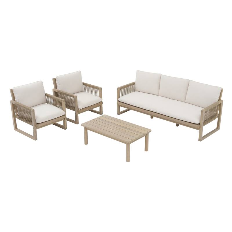 Outdoor 4-Piece Conversation Set Acacia Wood Patio 3-Seater Sofa Set Rope Weave Arm Chair with Coffee Table Weather Resistant