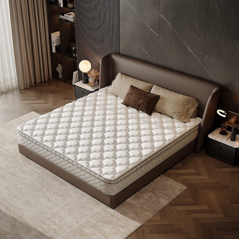 King Size Mattress 12 Inch Hybrid in a Box with Memory Foam and Pocket Spring for Pressure Relief - White - King