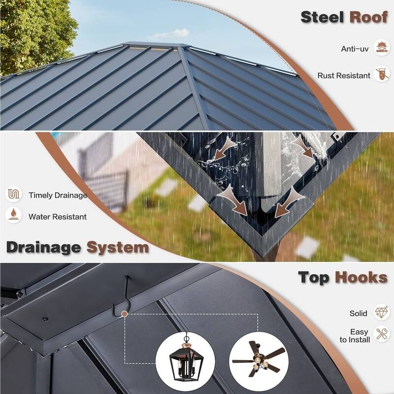 Erommy Pro Series Outdoor Galvanized Steel Roof Gazebo Pergola w/ Aluminum Frame & Vertical Rain Cutter
