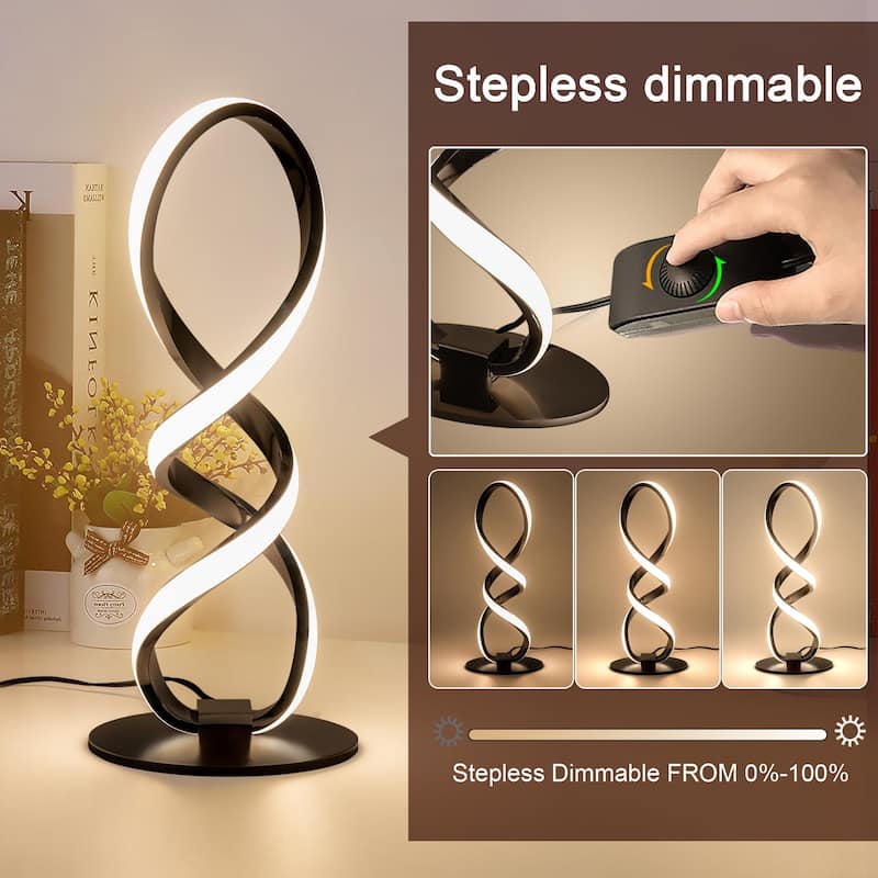 Modern Table lamp, Stepless Dimmable LED Spiral lamp Black Unique Bedside lamp, 12W 3200K Contemporary Nightstand Lamp