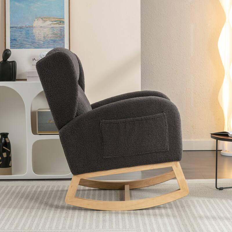 Modern Teddy Fabric Home Rocking Chair with Wood Leg, Tufted High Back
