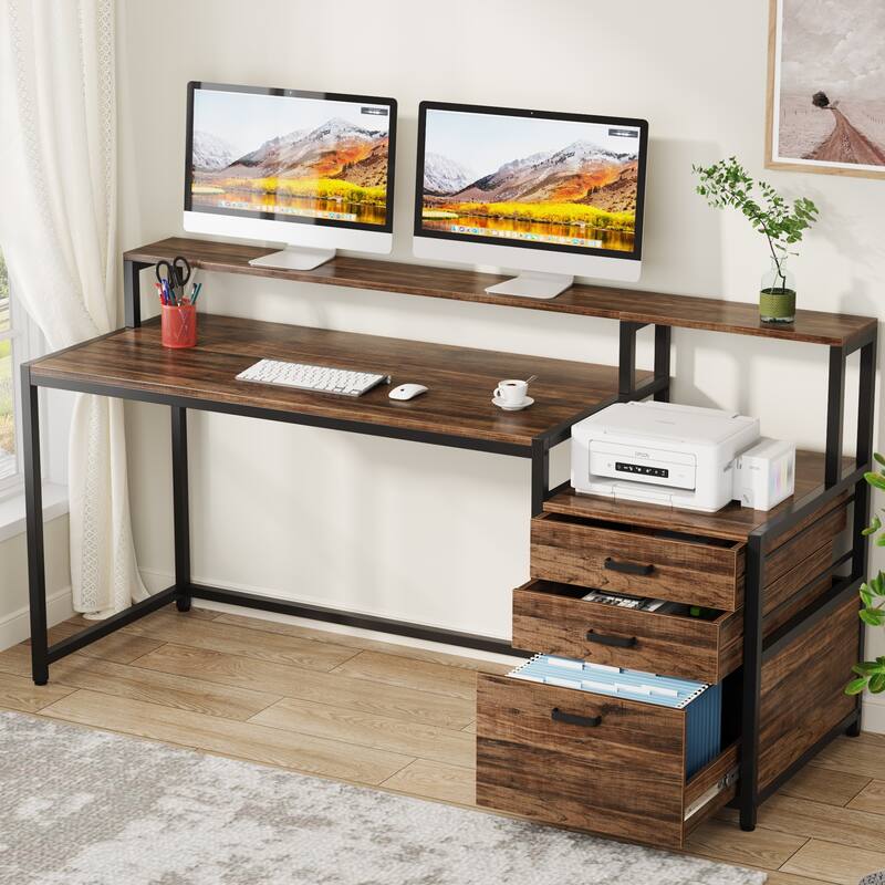 63 Inch Computer Desk with File Drawers, Ergonomic Office Desks with Monitor Stand