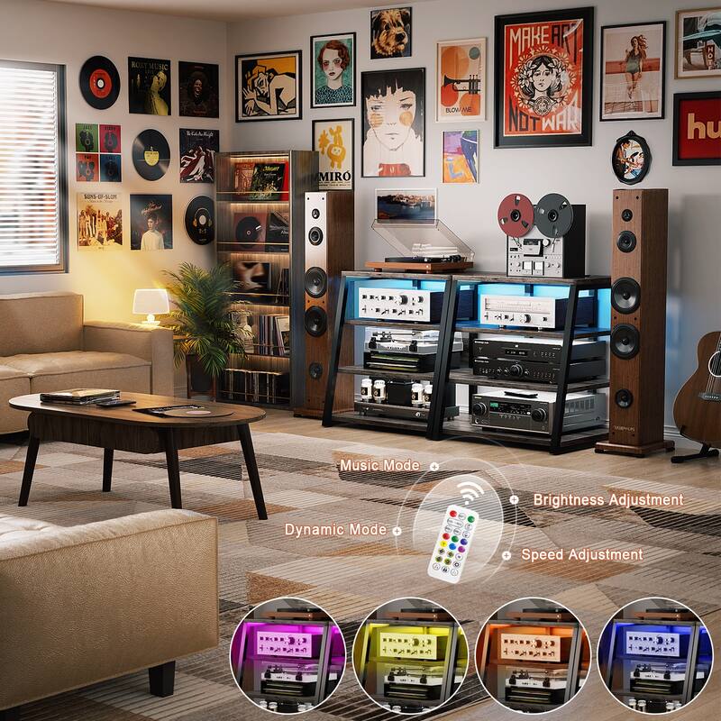 4-Tier Wooden AV Component Media Stand Stereo Cabinet with Power Outlets and LED Lights