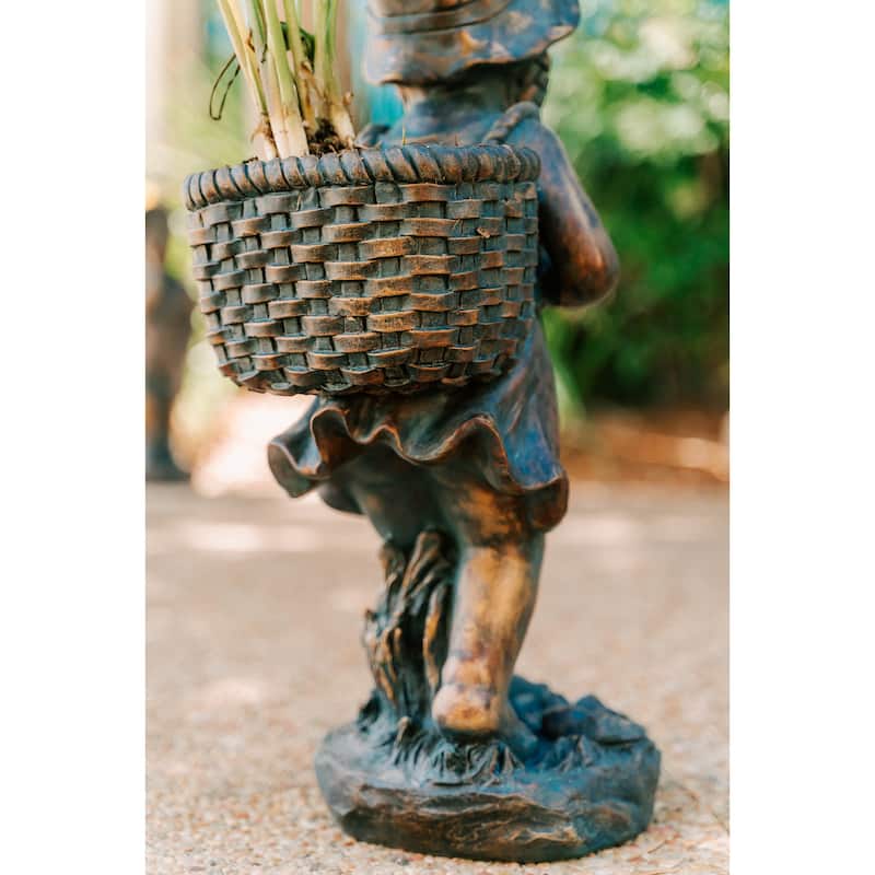 XBrand 24" H Faux Bronze Magnesium Oxide Walking Girl Garden Statue w/Small Flower Plant Pot, Natural Design Sculpture