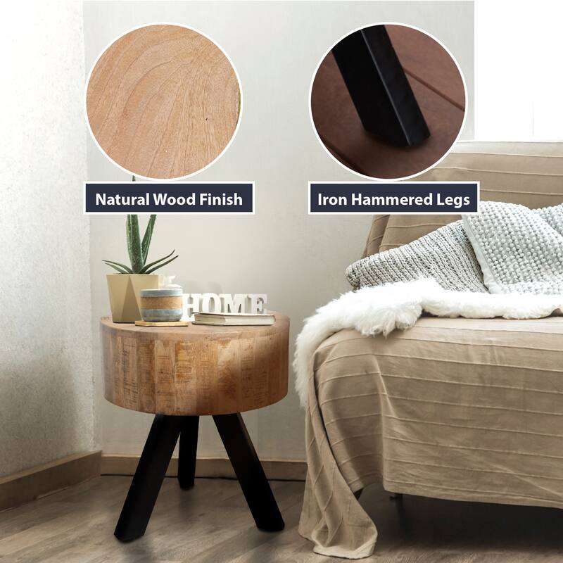 Rustic Round Mercury Side Table, 20" Mango Wood Table with Metal Legs