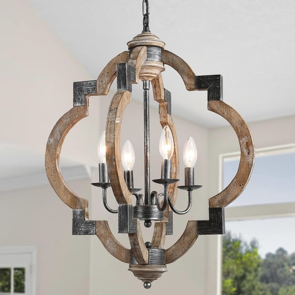 slide 2 of 28, Modern Farmhouse Distressed Wood Lantern Foyer Chandelier for Dining Room