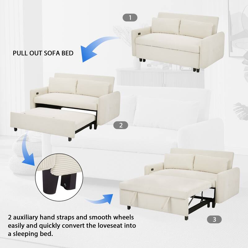 57.48" Corduroy Convertible Sofa Bed with Pull-Out Sleeper, Adjustable Backrest & USB