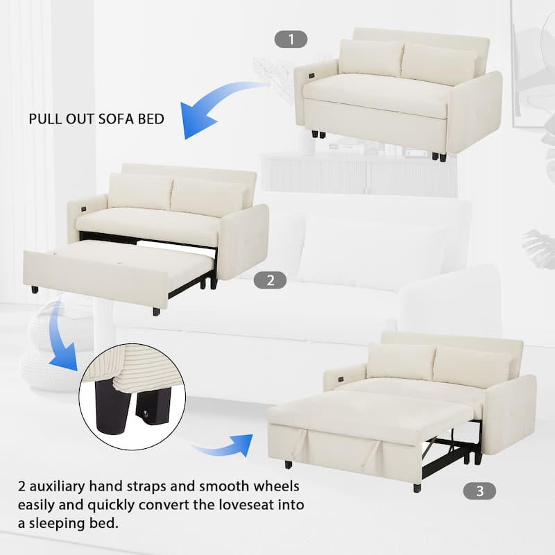 Roomfitters Pull-Out Sofa Bed Convertible 2-Seat Loveseat with Throw Pillows and USB Ports, Modern Sleeper Sofa, Beige