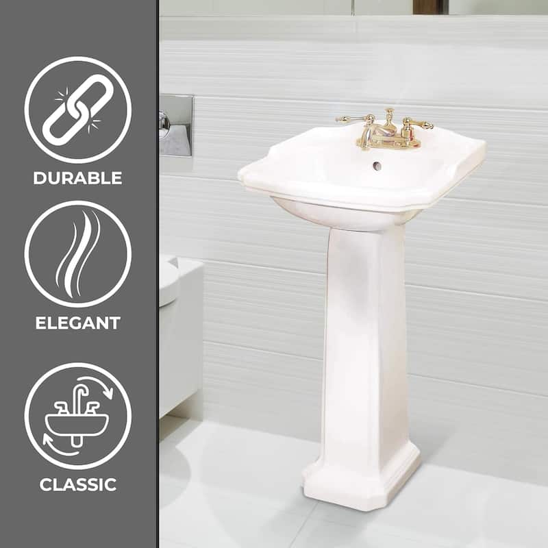 Cloakroom White Bathroom Pedestal Sink with Overflow and Centerset Faucet Holes - White