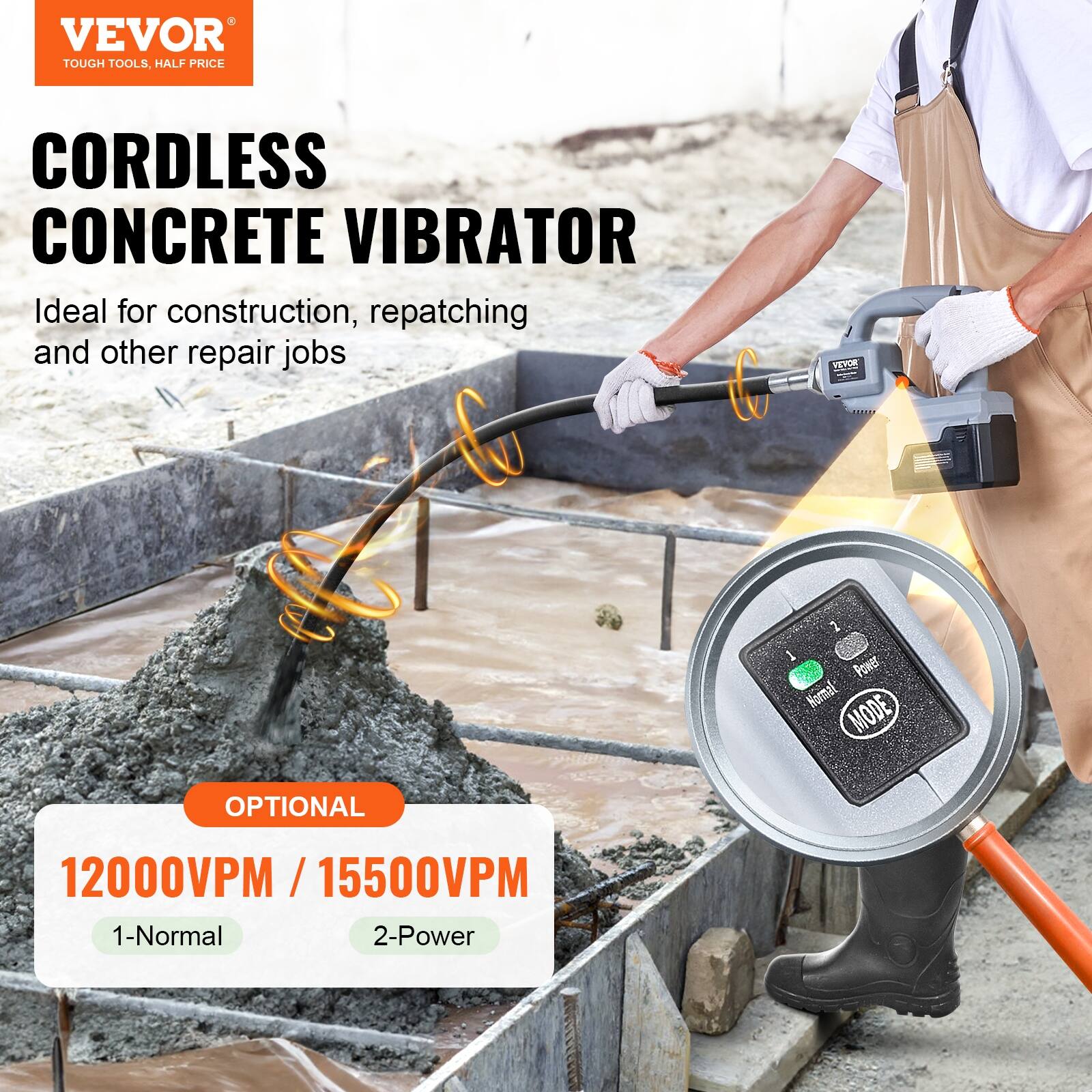 VEVOR 800W & 1500W Electric Concrete Vibrator 15500VPM Cordless