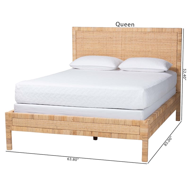 Kalimantan Natural Rattan Bed - Coastal Boho Style Bed Frame with Woven Detailing, Queen