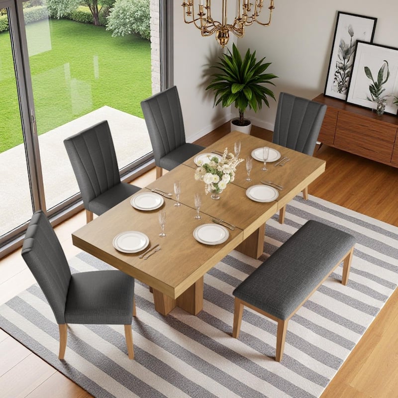 6-Piece Farmhouse Extendable Dining Set with 78" Solid Rubber Wood Table, 4 Padded Linen Chairs & Upholstered Bench - Gray