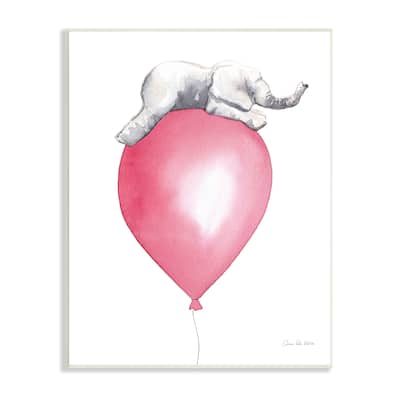 Stupell Industries Kids' Baby Elephant Sleeping on Large Red Balloon Wood Wall Art - White