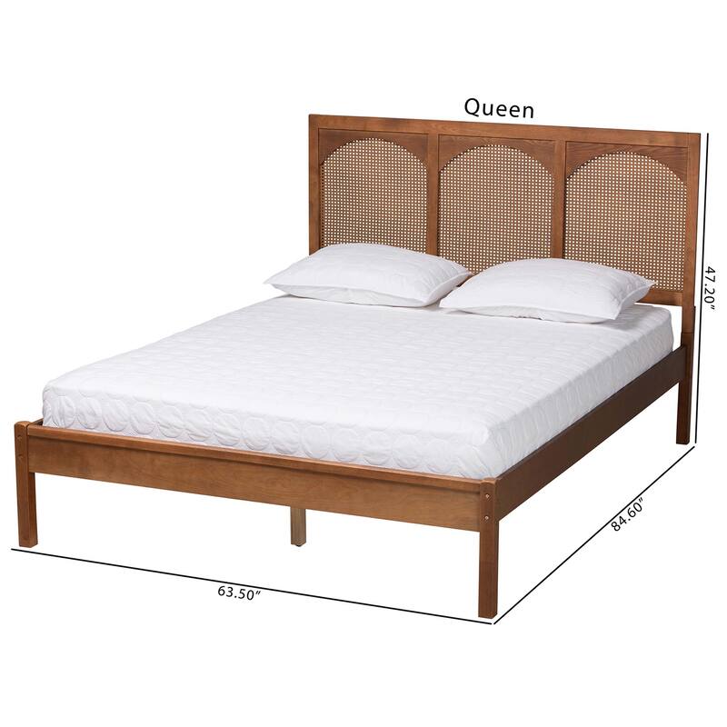 Blossom Classic and Traditional Ash Walnut Finished Wood and Rattan Queen Size Platform Bed
