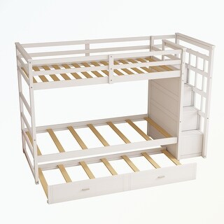 Hardwood Twin Over Twin Bunk Bed with Trundle and Staircase