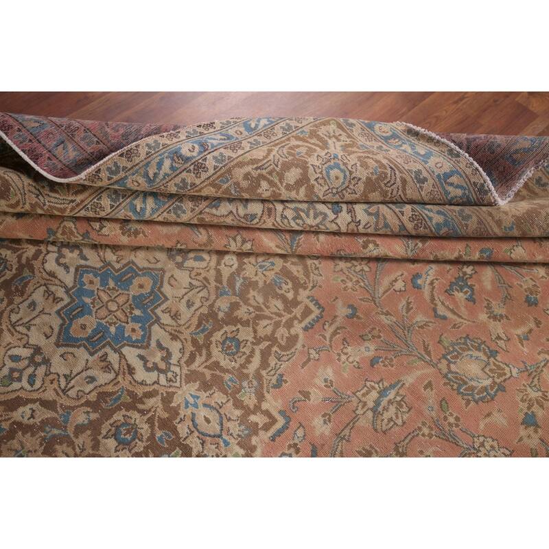 Distressed Mashad Persian Vintage Rug Hand-Knotted Pink Wool Carpet - 9'7"x 12'10"