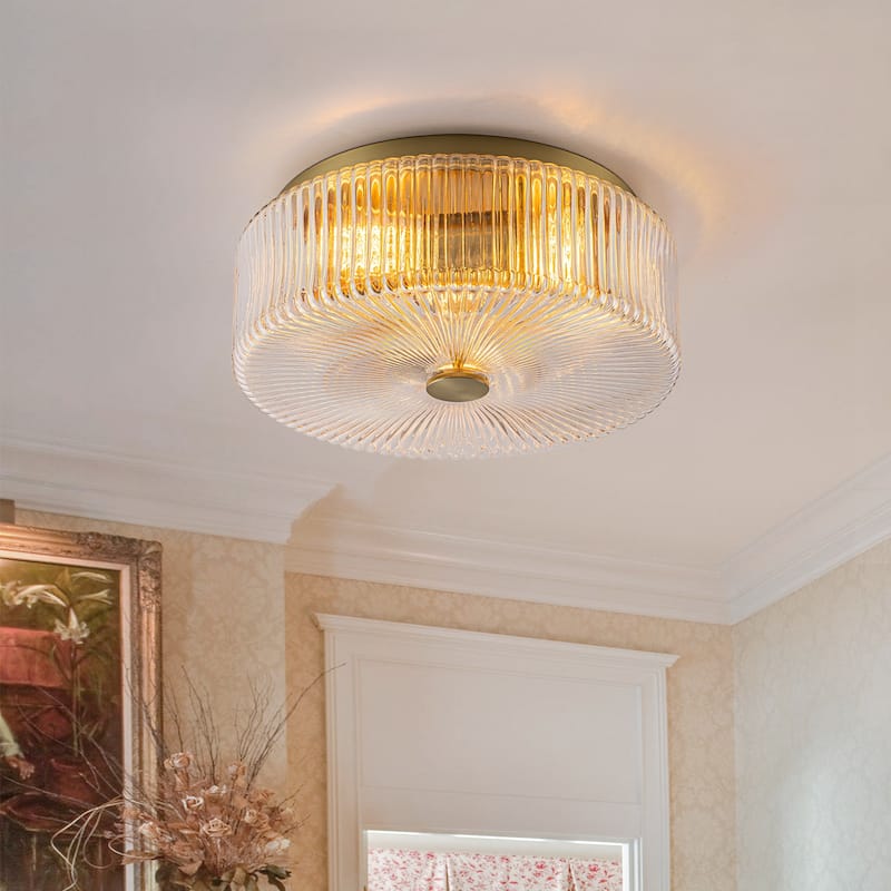 Mid-Century Modern Gold 3-Light Ribbed Glass Drum Flush Mount Ceiling Light