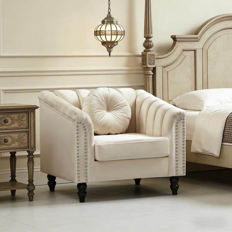Modern Upholstered Single Sofa with Ergonomic Back & Solid Wood Legs - White