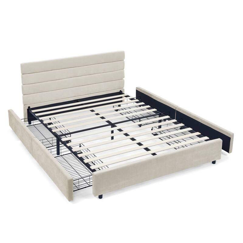 Roomfitters Queen Upholstered Bed Frame with Cushioned Headboard and 4 Storage Drawers, Chenille Fabric Platform Bed