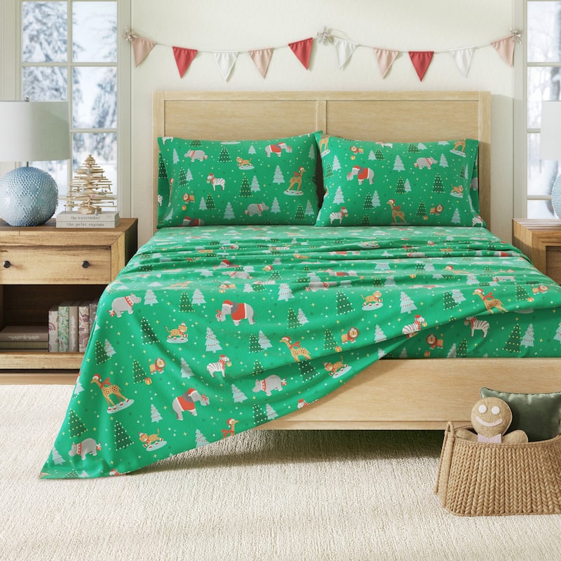 Linery & Co. Christmas Turkish Cotton Double-Brushed Flannel Bed Sheet Set - King - Safari Animals Christmas