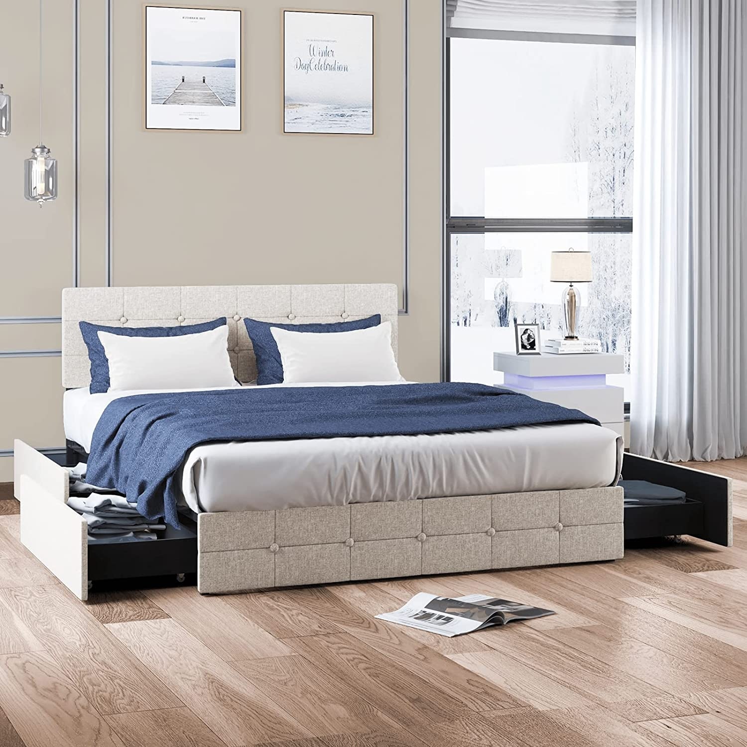 Mixoy Platform Bed Frame, Upholstered and Button Tufted Headboard Square Stitched, 4 Storage Drawers