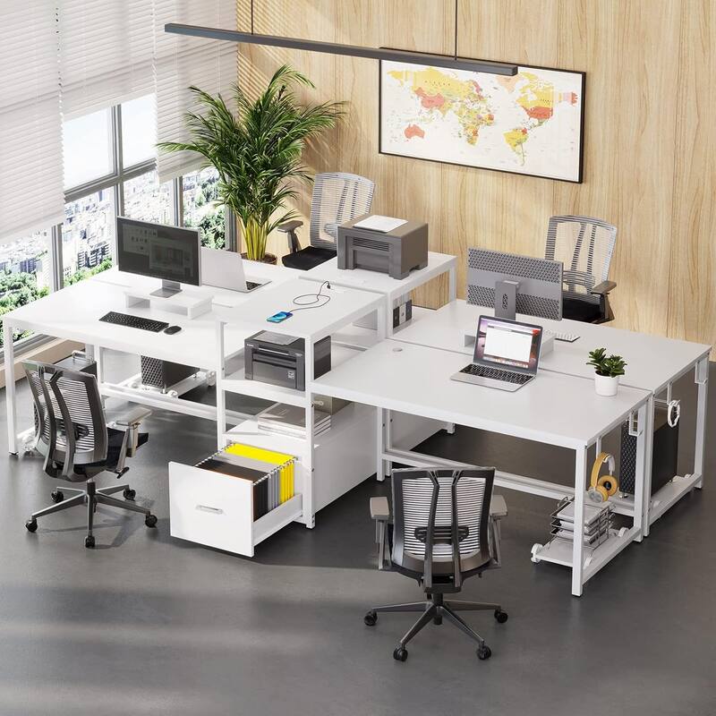 Two Person Double Computer Desk LED Gaming Desk 2 Storage Shelves