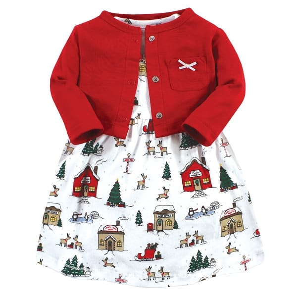 slide 1 of 1, Hudson Baby Toddler Girl Cotton Dress and Cardigan Set, North Pole 2T - North Pole