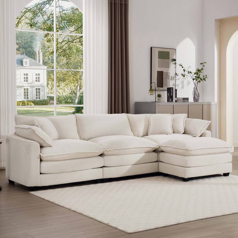 3-Seat Modular Deep Seat Couch Set with Ottoman, L-Shaped Upholstered Sectional Sofa with Throw Pillows for Livingroom - Beige