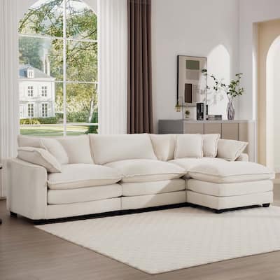 3-Seat Modular Deep Seat Couch Set with Ottoman, L-Shaped Upholstered Sectional Sofa with Throw Pillows for Livingroom
