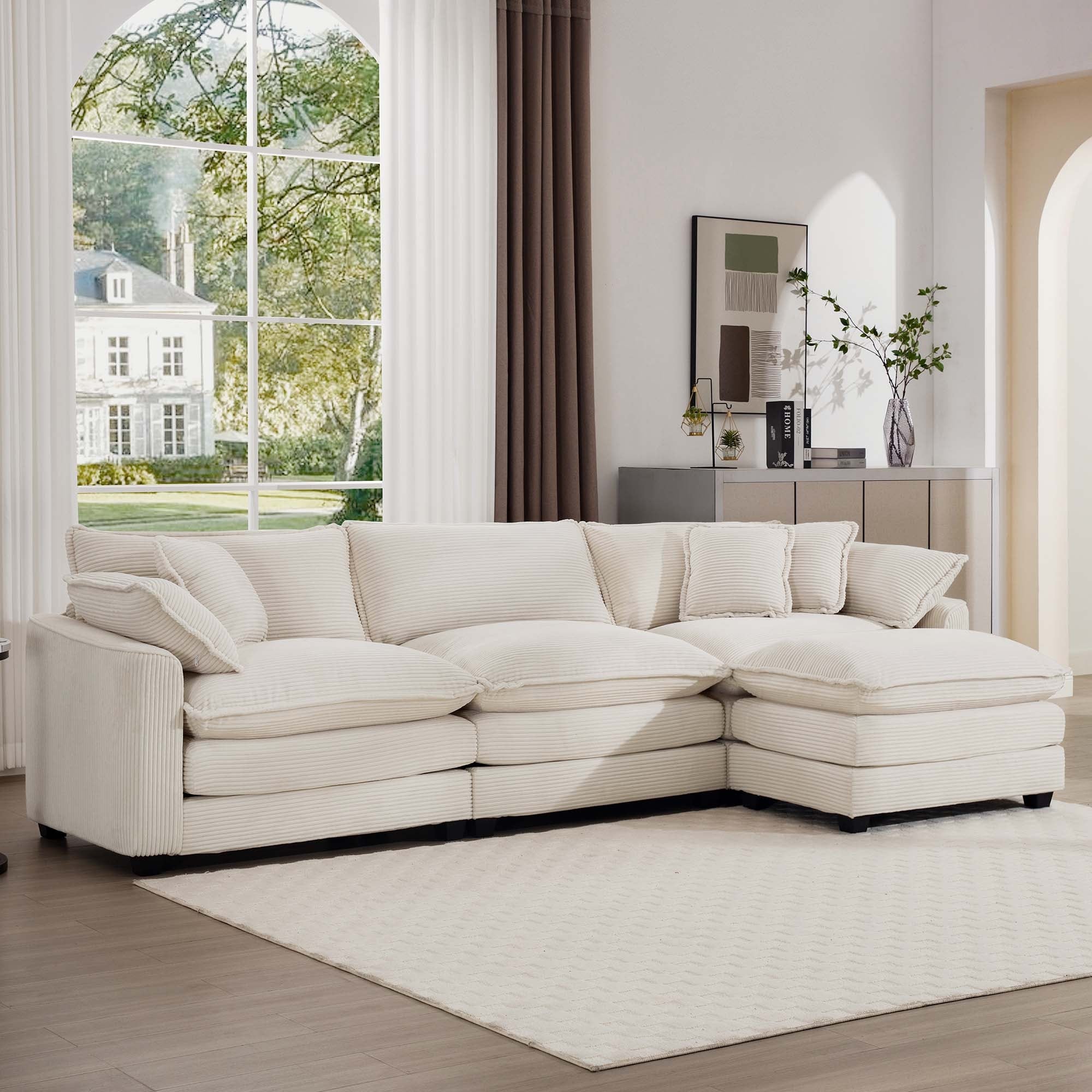 3-Seat Modular Deep Seat Couch Set with Ottoman, L-Shaped Upholstered Sectional Sofa with Throw Pillows for Livingroom