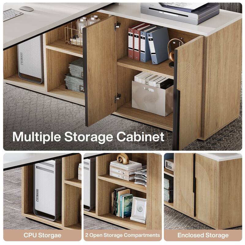 74.8-Inch L Shaped Executive Desk, Large Office Computer Desk with Cabinet and Shelves for Home Office