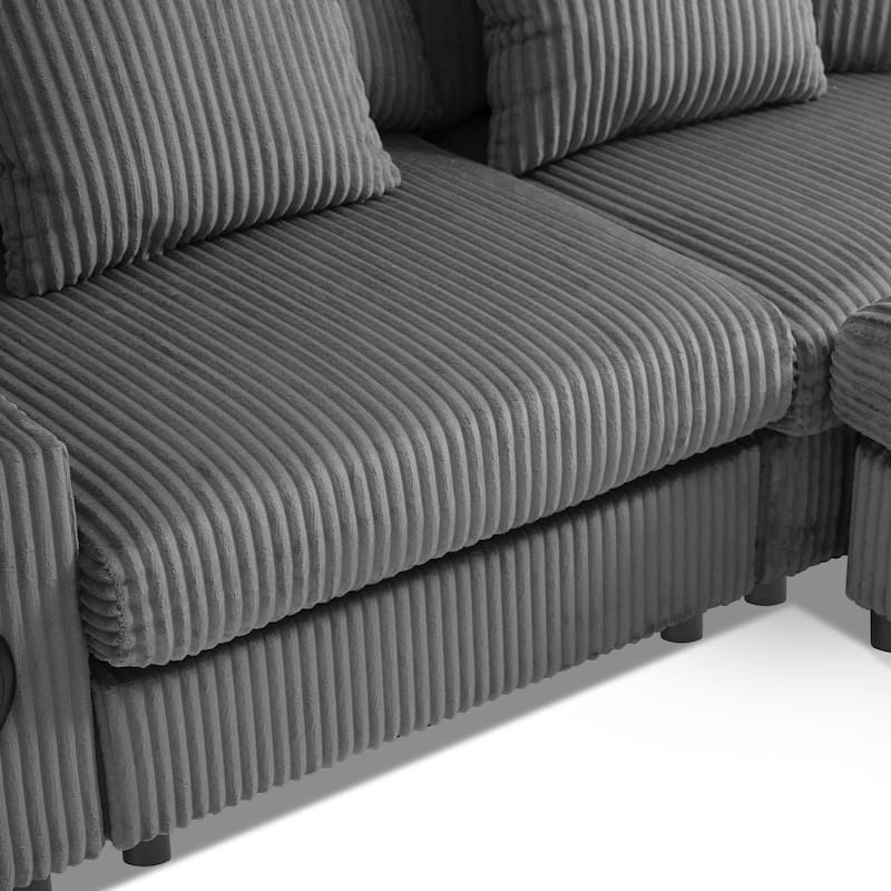 U-Shaped Cloud Corduroy Sectional Sofa with Console, Cup Holders, Bluetooth Speakers, Charging, Storage Ottoman, Deep Seats Sofa