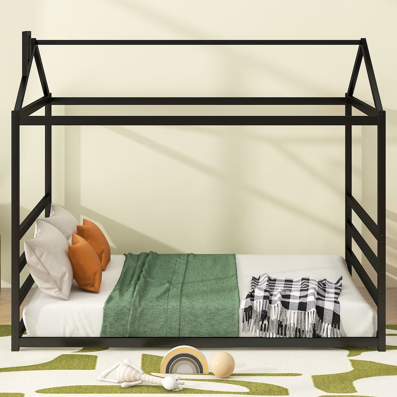 Roomfitters Queen Size Metal House Shape Platform Bed Frame with Modern Design and Strong Support