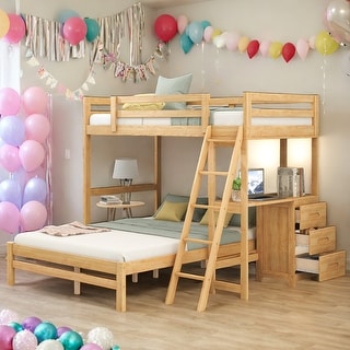 Modern Twin Over Full Bunk Bed With Built-in Desk And Three Drawers,Large Storage Space for Bedroom