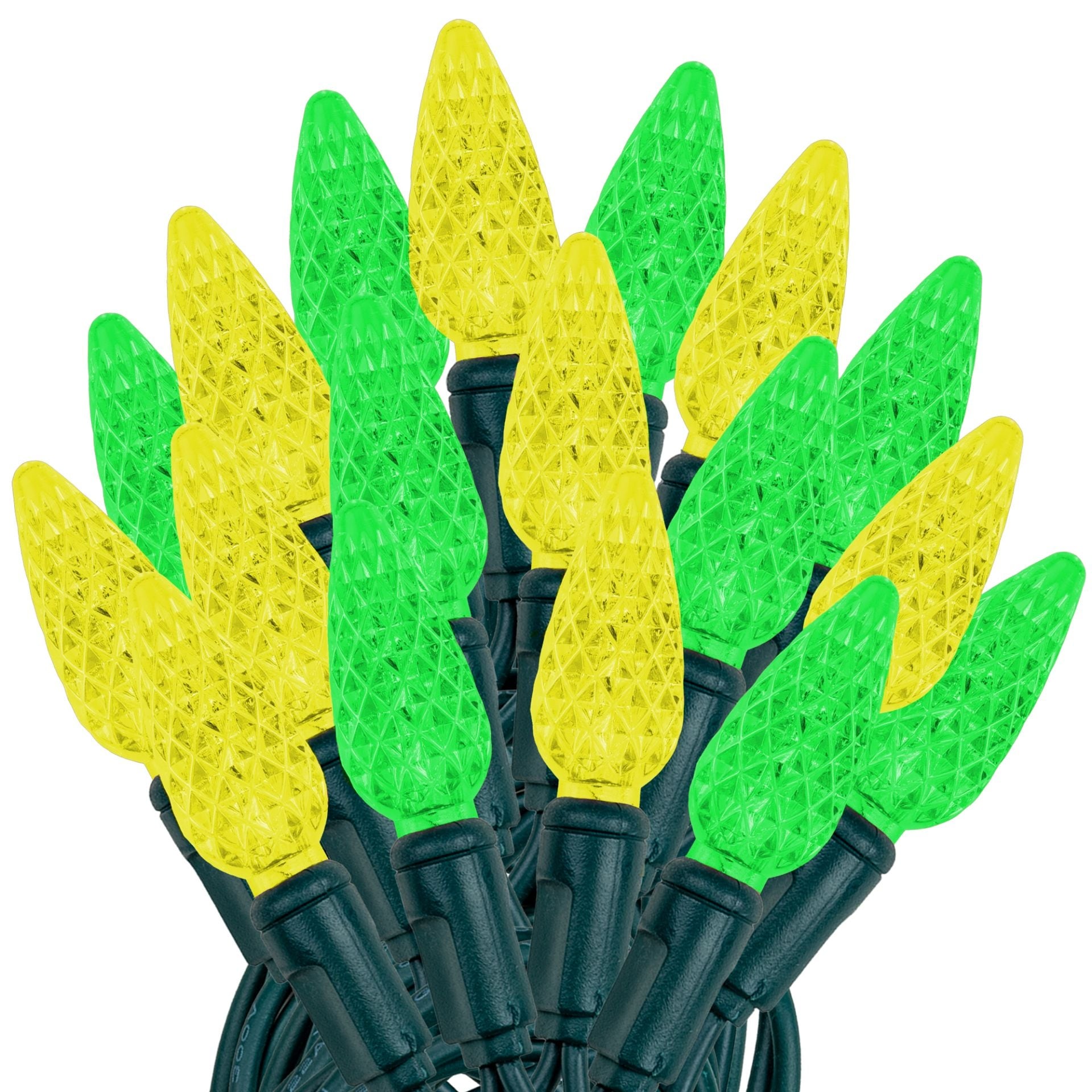 70 Light C6 LED Christmas Mini Light Set, Green/Yellow, Green Wire, 24 Feet - Large