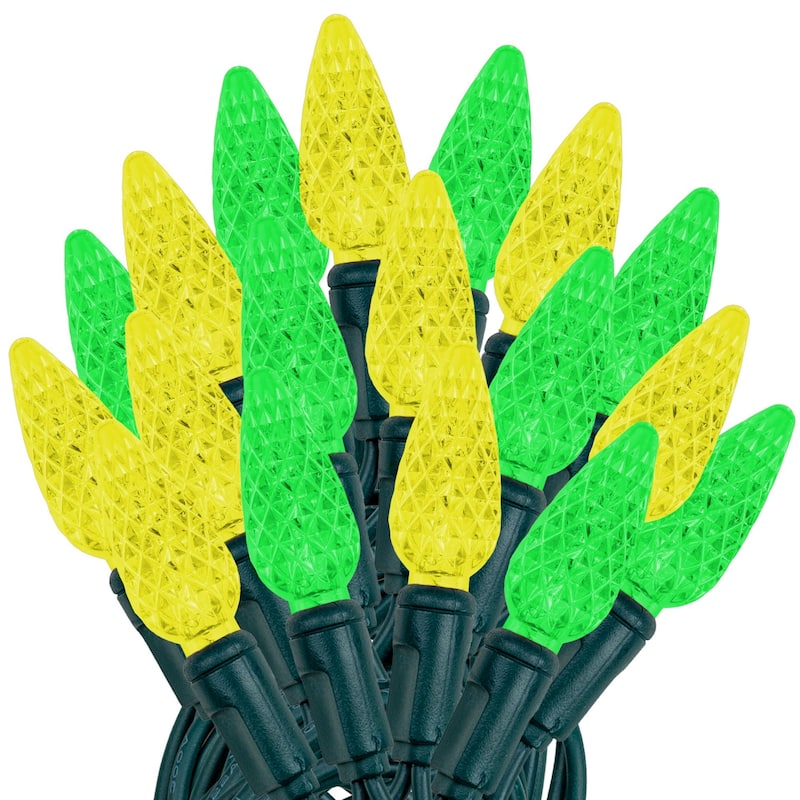 70 Light C6 LED Christmas Mini Light Set, Green/Yellow, Green Wire, 24 Feet - Large - String Lights - Yellow