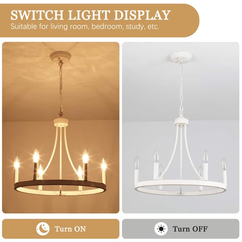 6-Light Farmhouse Candle Circle Hanging Wagon Wheel Chandelier Lighting for Kitchen Island
