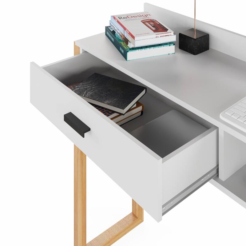 Modern Computer Desk with Drawer, Space-Saving, Shelf and Dual USB Charging Ports