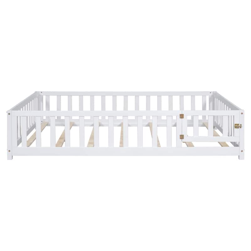 Floor Platform Bed with Fence and Door for kids Toddlers, Full Size