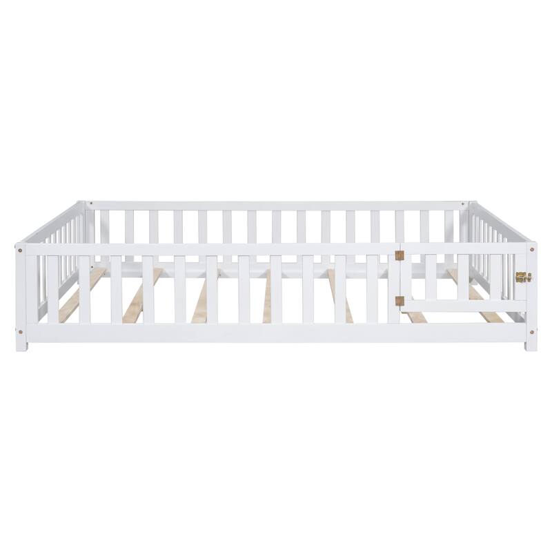 Full Size Montessori Floor Bed with Fence, Door & Support Slats - Safe Wooden Bed Frame for Toddlers & Kids