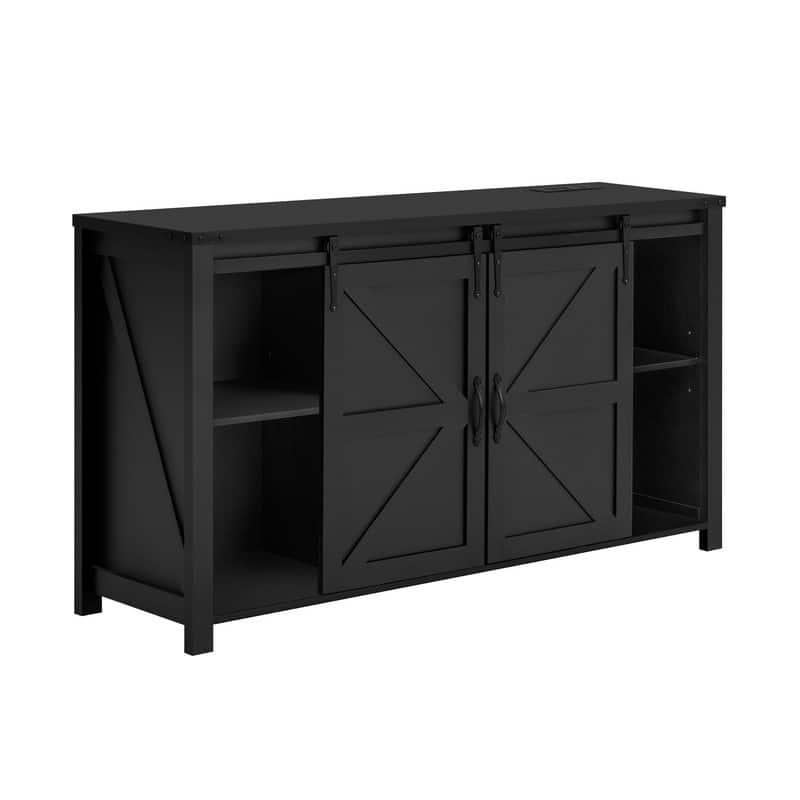 Farmhouse 55.1" Sideboard with Sliding Barn Doors and Storage Drawers, Wood Buffet Table with Power Outlet