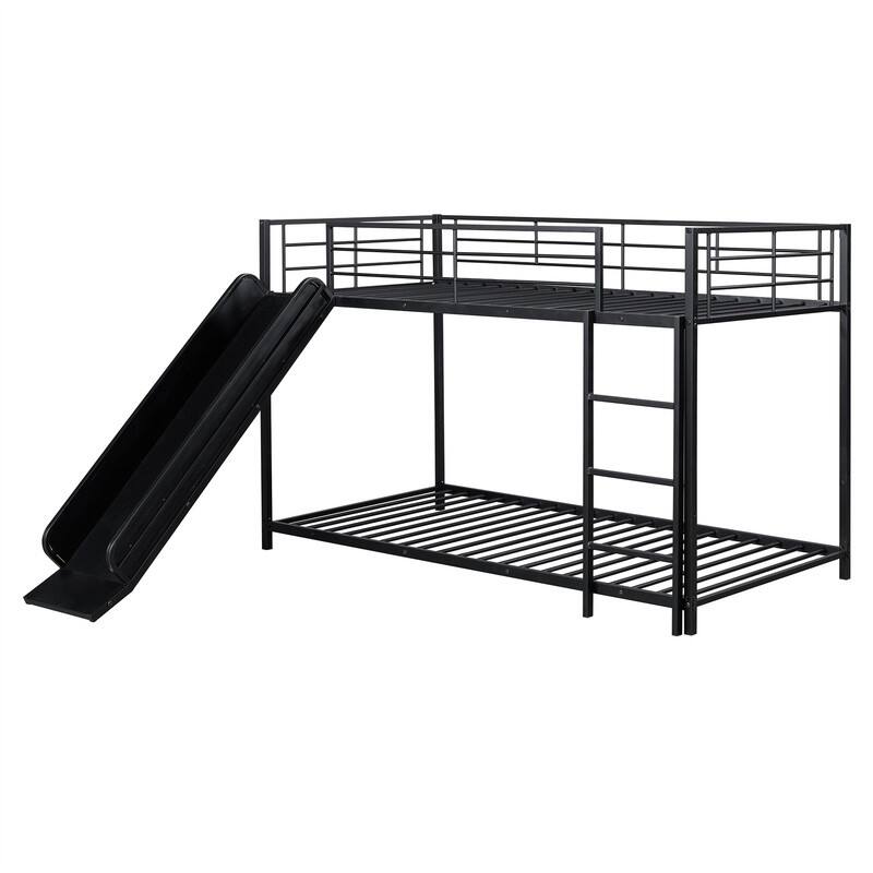 Metal Bunk Bed with Slide and Door, Twin Over Twin/Full Over Full Low Bunk Bedframe with Fence Guardrails and Ladder for 2 Kids