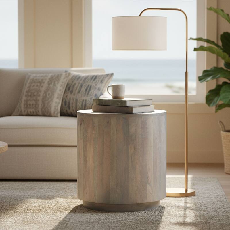 Febe Side End Accent Table, 20 Inch Round Top, Cylindrical Plinth Base, Oak White Mango Wood